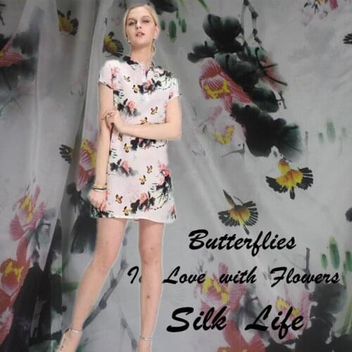 Customized digital ink-jet-painted color silk crepe de Chine silk fabric shirt dress material butterfly love flower