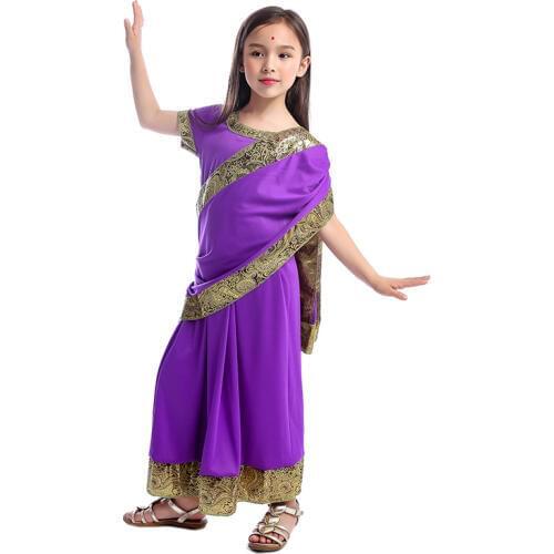 JEMMALEONG Bollywood Indian Girl Princess Cosplay Purple Sari Haloween Carnival Costume For Kids Indian Dance Dress