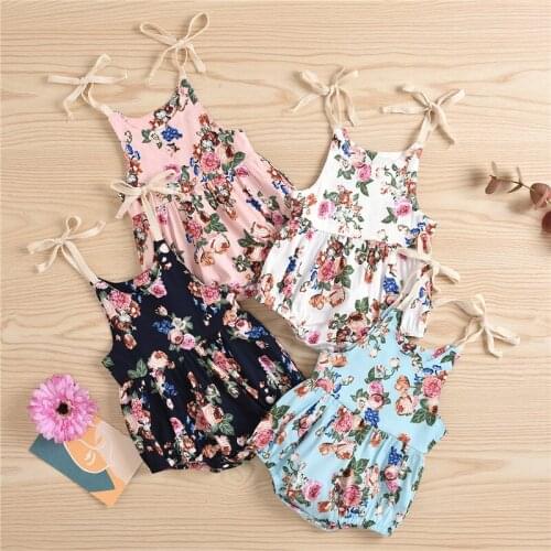 Fashion Newborn Baby Girl Clothes Flower Print Backless Lace-up Sling Romper Baby Girls Cotton Jumpsuit One-Piece Sunsuit