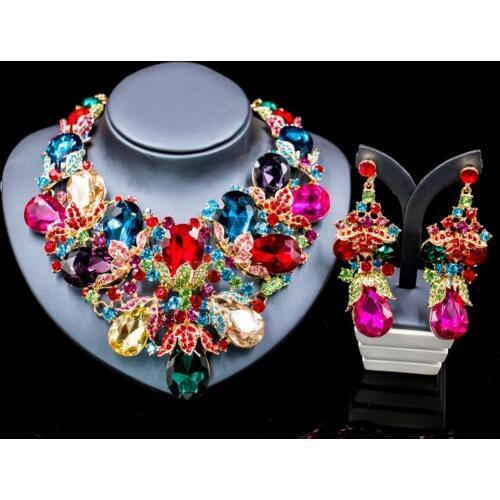 Lan palace Luxury gold color Rhinestone jewelry set Austrian crystal necklace and earrings for wedding six colors free shipping