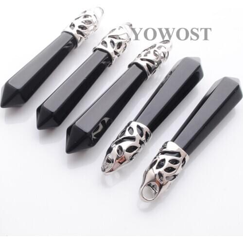 Pretty 5Pcs Jewelry Fit Necklace Natural Gem Stone Long Pendulum Charm Stones Black Agates Pendants Silver Plated Fashion QN3011