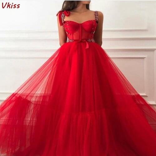 Red Summer Prom Dresses 2020 Women Formal Party Night Vestidos Tulle Robe Elegant Spaghetti Straps Evening Gowns Long Jurkjes