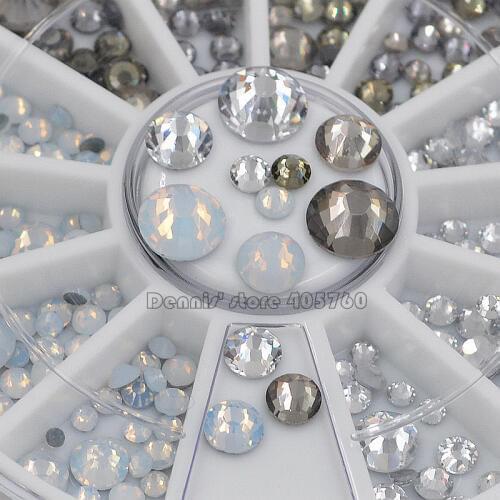 Mix Sizes Glitter Clear White AB Gray Hotfix Flatback Round Facets Diamond Nail Art Rhinestones Decorations Manicure DIY Wheel