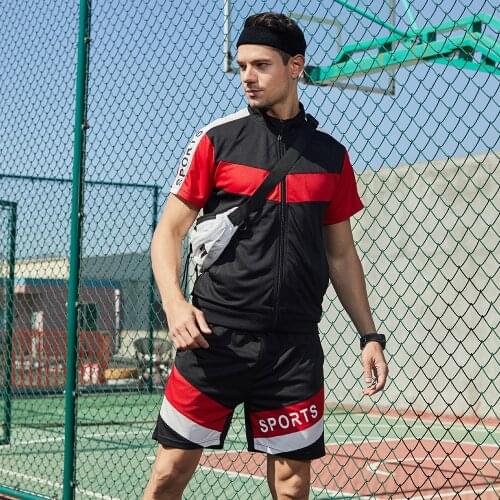 2021 New Summer Men Casual Sets Mens Sportswear Tracksuit Zipper Splice Printing 2PC Shorts Set Shirts+Short Jogger Sports Suit