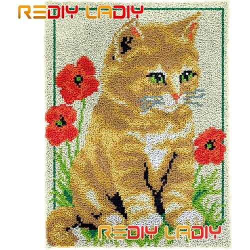 Latch Hook Rug Kits Cat with Poppy Plush Wall Hanging DIY Carpet Rug Chunky Yarn Arts Cushion Crocheted Floor Mat Hobby & Crafts