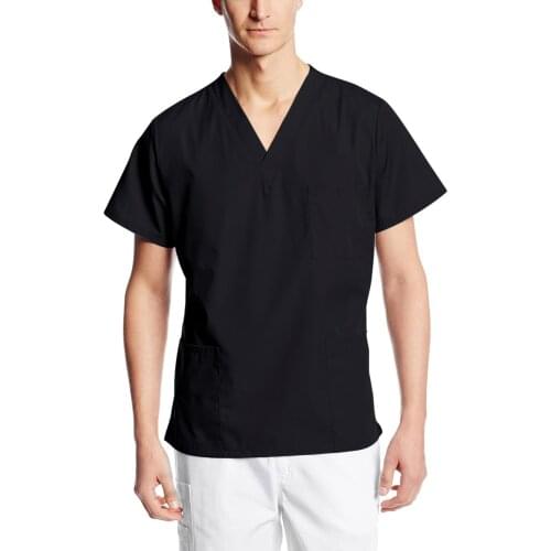 Solid Color Men Working Uniform Short Sleeve V-Neck Nursing Scrubs Tops With Pockets Beauty Salon Health Care Workwear Shirt A40