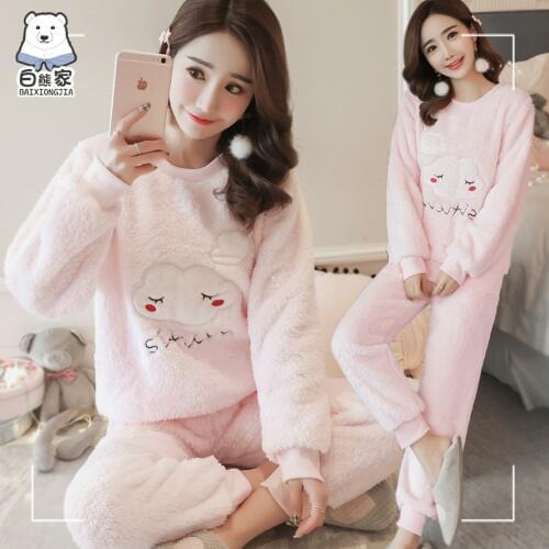 Autumn Winter Women Pyjamas Sets pajamas Sleepwear Suit Thick Warm Coral Flannel nightgown Female Cartoon Animal Pijama Mujer