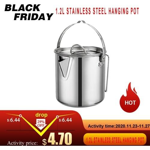 Outdoor Camping Tableware 1.2L Stainless Steel Hanging Pot Camping Cup Camping Cookware Soup Coffee Pot Portable Spoon Fork