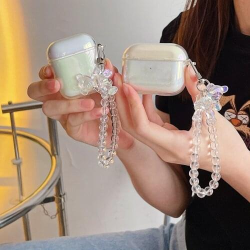 Luxury Laser Earphone Case For AirPods 2/1 airpod Earphone Cover For AirPods Pro 3 Headset Case with Cute Bear Chain Lanyard