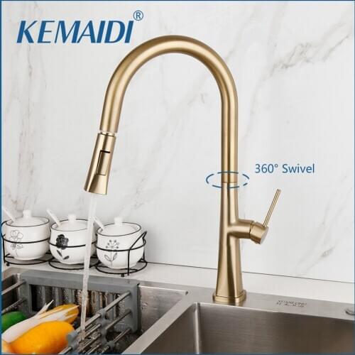 KEMAIDI Brushed Gold Kitchen Faucet Pull Out Kitchen Sink Water Tap Single Handle Mixer Tap 360 Rotation Kitchen Shower Faucet