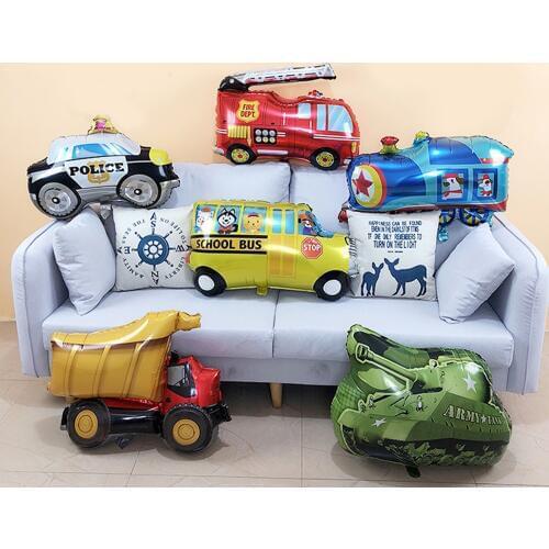 6PCS Cute Cartoon Tank Car Fire Truck School Bus Train Aluminum Foil Balloon for Kids Children Birthday Gifts Party Decor