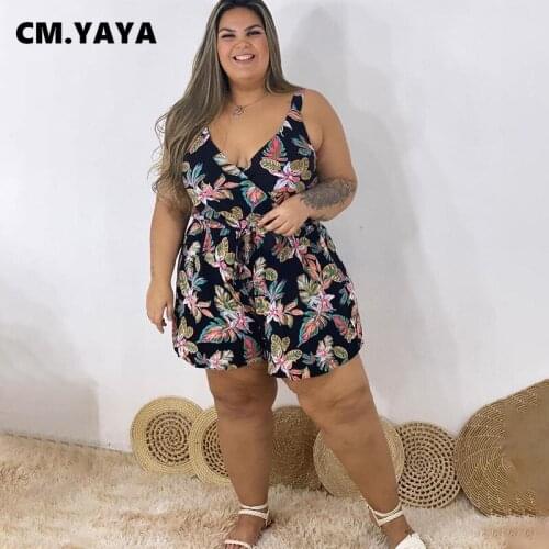 CM.YAYA Women Plus Size Playsuit Print Sleeveless V-neck Bandage Sashes Loose Straight Playsuits Casual Rompers Summer Outfits