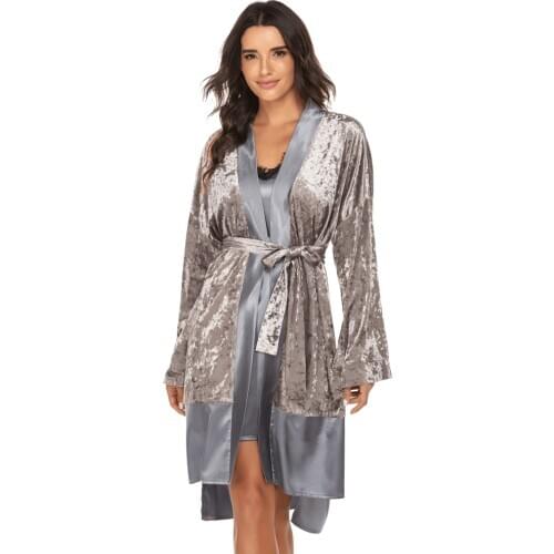 Women 2 PCS Robe Set Nightgown Sleepwear Girl Winter Velvet Warm Robes High Quality Solid Lace Patchwork Kimono Bathrobe Gown