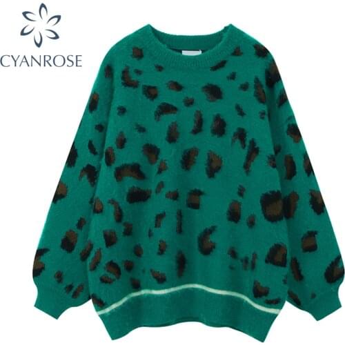 Vintage Knitted Sweater Women Leopard Green 2021 Spring Long Sleeve Pullover Knitwear Oversized Streetwear Female Sweater Tops