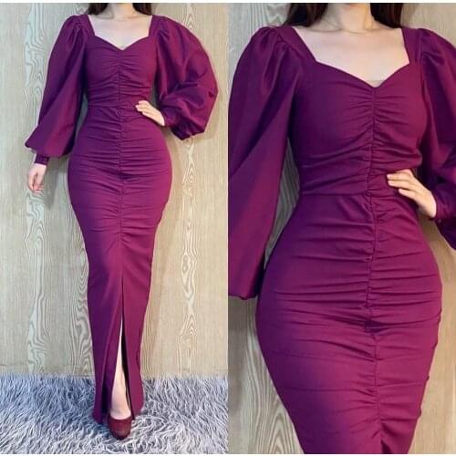 Elegant Mermaid Satin Long Sleeve Prom Dresses Maxi Pleated Zipper Back Floor Length Robe De Soiree Muslim Formal Party Gown