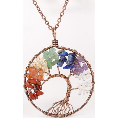 1PC 7 Chakra Tree Of Life Pendant Necklace Copper Crystal Natural Stone Quartz Colgante Collar Women Jewelry Christmas Gift Free