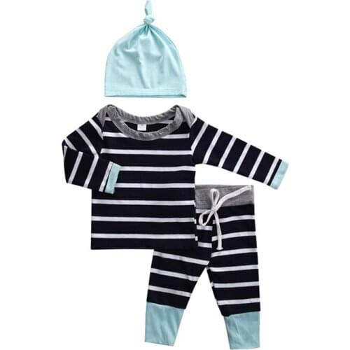 3PCS Spring Fall Newborn Toddler Baby Girls Boys Cotton Long Sleeve O-Neck Pullover Striped Shirt Tops Pants Hats Outfit 0-18M