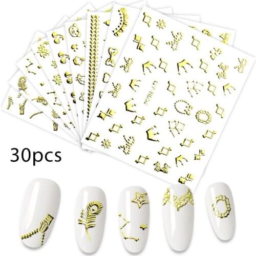 30 Sheet 3D Gold Leaf Flower Design nail stickers Decals Decoration Nail Art Accessories DIY Tips Papers