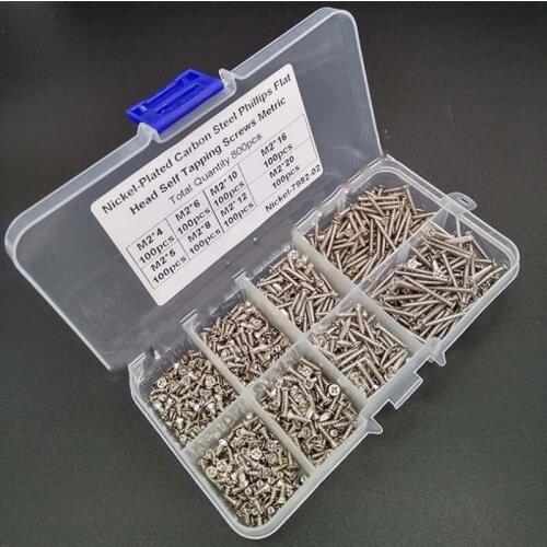 800Pcs M2 Stainless Steel Self Tapping Wood Screw Assortment Kit Lock Nut Wood Flat head Thread Nail Screw Fastener Sets