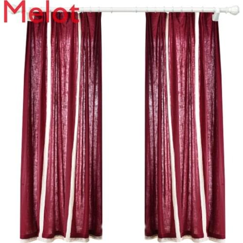 American Retro Pastoral Style Wine Red Flax Cotton Linen Fabric Living Room Purplish Red French Small Curtain