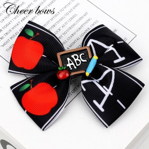 2 Pcs/lots 3.5" Back To School Hair Bows For Girls Kids Apple Printed Ribbon Hair Clips Hairpins Student Hair Accessories