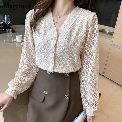 Plus Size Lace Embroidered Mesh Blouse 2021 Spring Korean V-Neck Women Tops Elegant Long Sleeve Lace Floral Buttons Shirt 13967