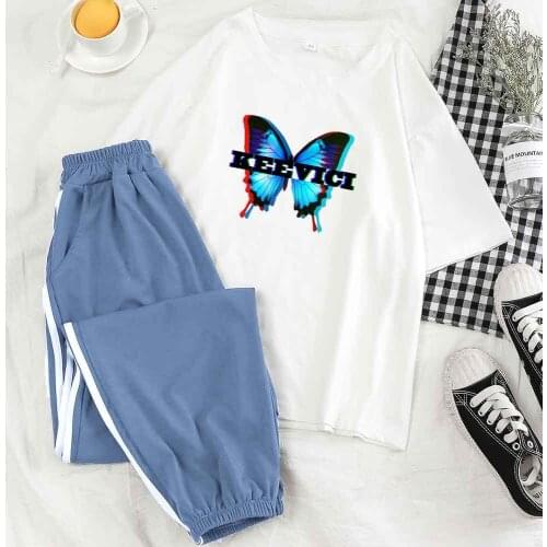 Butterfly Print Top Sportswear Two Piece Tracksuit Set Sport Summer for Women Urban Streetwear Women Pant Suits for Female