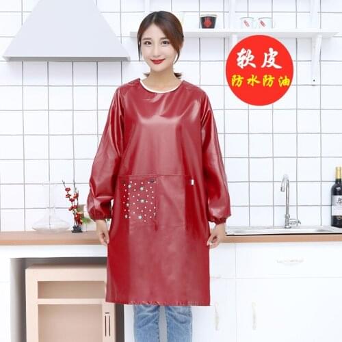 Leather apron waterproof and oil-resistant soft leather long-sleeved kitchen home womens overalls adult coat men with sleeves