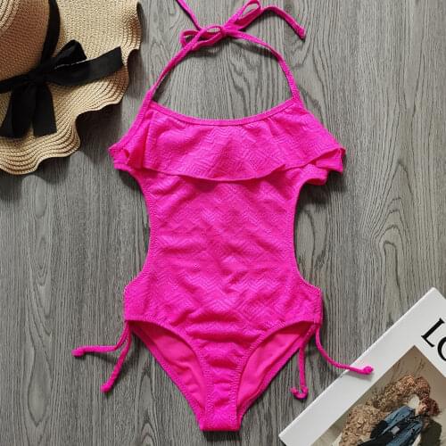 2-8 Years Girl Swimsuit One Piece Childrens Swimwear Halter Top Toddler Girls Bathing Suit Monokini Flounce Swimming Suit 2021