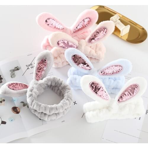 Terry Cloth Soft Sequin Bunny Ear Rabbit Bow Shower Skincare Mask Headbands Velvet Spa Wash Face Hair Bands Hoop Accessories