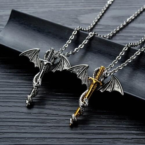 Cross Mens Necklace Creative Flying Dragon Sword Domineering Stainless Steel Color Golden Mens Pendant Gift Jewelry 2021 Trend
