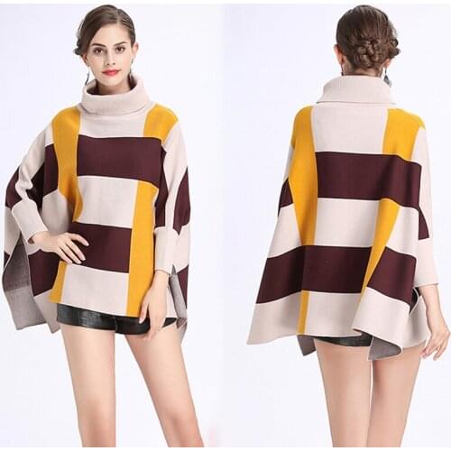 ZJZLL 2021 New Loose Mink Velvet Solid Color Knit Thick Cape High Collar Plaid Shawl Sweater Female Free Size Cloak Women Poncho