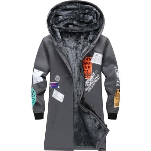 Autumn Winter Mens Thick Warm Fleece Plush Lining Trench Coat Long Letters Pattern D3