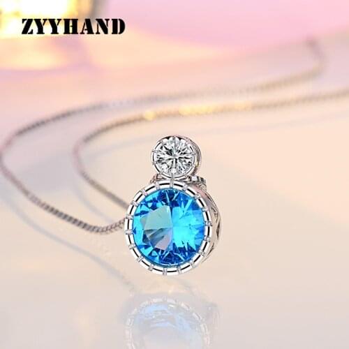 Lake Blue Round Rhodium Plated Women Pendant AAA Zircon Lady Luxury Wedding Casual Romantic Jewellery