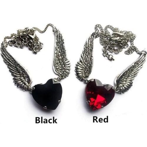 Angel Wings Necklace with Crystal Heart Angel Wings & Heart Necklace Pagan Wicca Necklace Goth Style