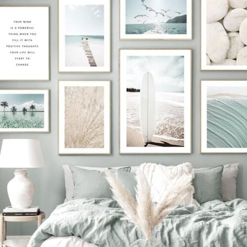 Beach Surf Path Surfboard Reed Palm Leaf Cobble Nordic Poster Wall Art Print Canvas Painting For Living Room DecorWall Pictures