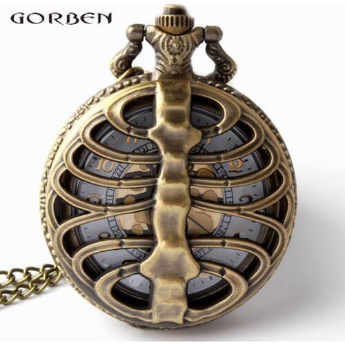 Retro Steampunk Bronze Spine Ribs Hollow Quartz Pocket Watch Necklace Pendant sweater chain Women Gift P105