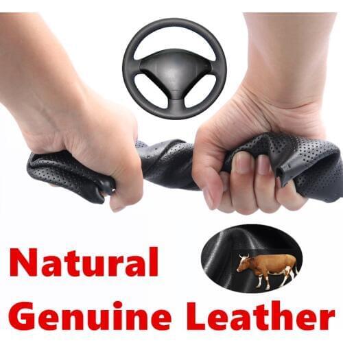 Hand sewing Black Genuine Calfskin Leather Brown Car Steering Wheel Covers for Peugeot 307 2001-2008 307 SW 2005-2008