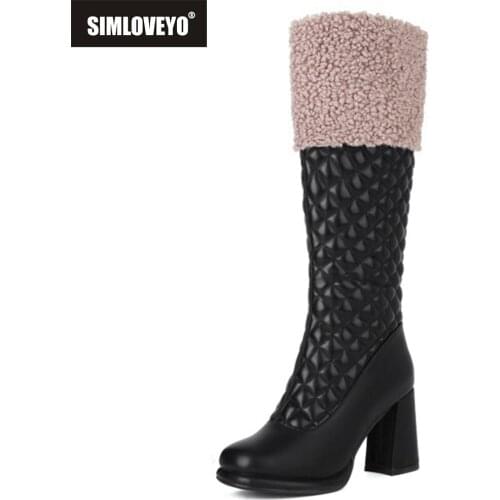 SIMLOVEYO Women Luxury Wool Fur Design Knee High Boots Faux Leather Zip Round Toe 8.5cm Block Heel Winter Ladies 33-43 S2476