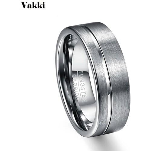 VAKKI 8mm Mens Polished Grooved Tungsten Carbide Rings Grey Brushed Wedding Bands Flat Edge Comfort Fit Size 7-12