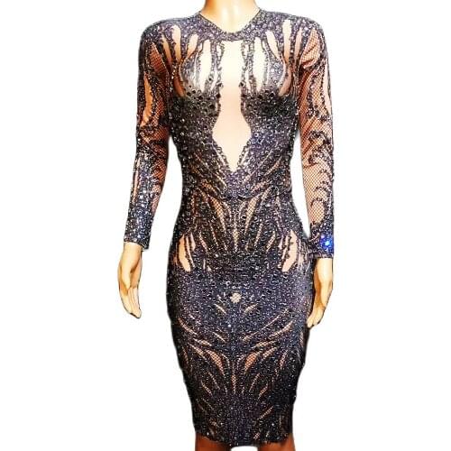 Party Evening Costume Pattern Printing Black Rhinestones Backless Knee-Length Dress Nightclub Dance Show Wear Stage Outfit Women