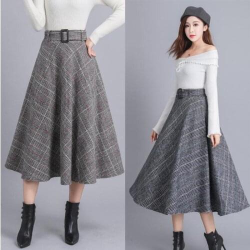 2021 Autumn & Winter New Simple Retro Plaid Woolen Skirt High Waist Slimming Casual Loose Women A-line Long Skirt Free Shipping