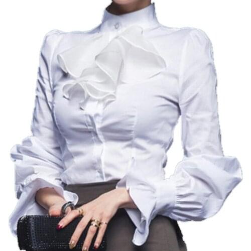 2020 spring autumn fashion ol lantern sleeve blouse women stand collar white slim top shirt office lady
