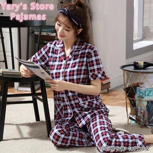 Womens Pajamas Cotton Pajamas for Women In Summer Plaid Short Sleeved Trousers Cardigan Cotton Home Wear Thin Two Sets Pajama