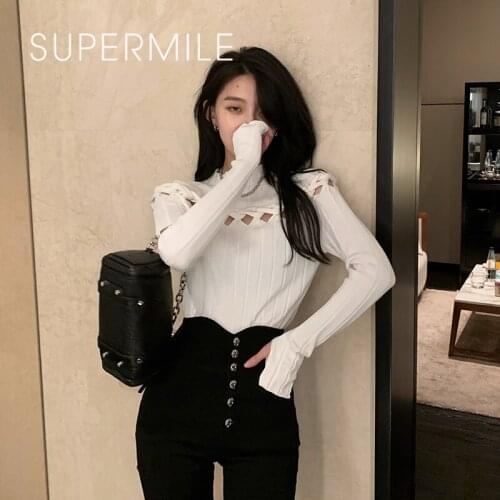 2021 New Women Knitted Sweater Hollow Out Pullover Slim Chic Mock Neck Base Tops Turtleneck Elegant Stretch Ribbed Knitwear