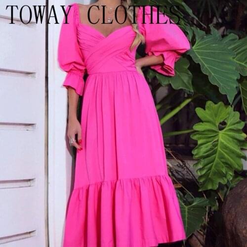 V-Neck Three-Quarter Sleeve Lace-Up Pullover High Waist Womens Dress Ball Gown Prom Dresses Sweetheart Floor-length Summer