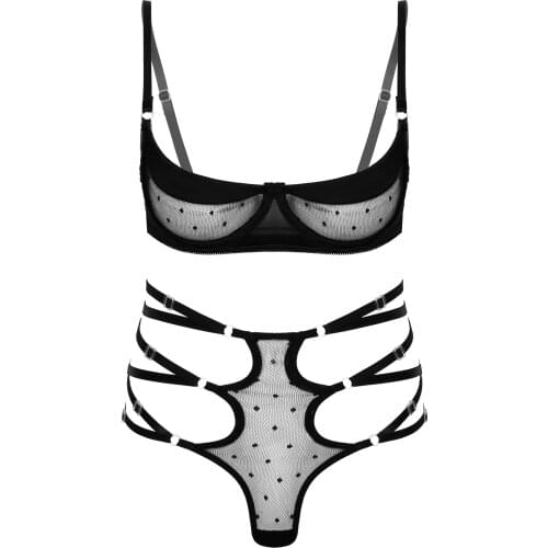 Women Sexy See-through Mesh Lingerie 2 Piece Set Underwear Nightwear Underwire Unlined Bra with Strappy G-string