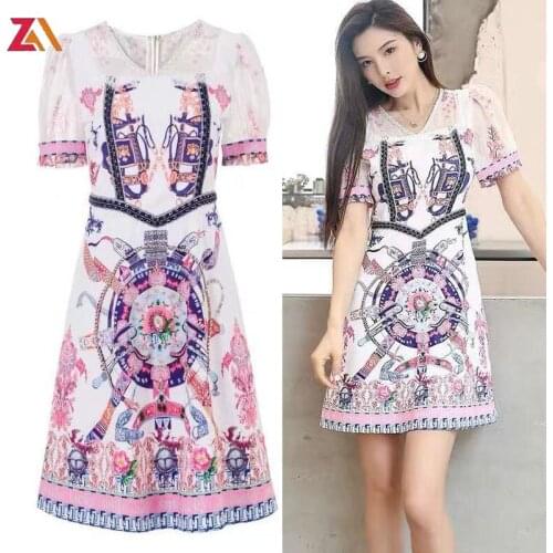ZALady designer summer vintage printed short sleeve mini dresses for women v-neck fashion chic french dress clothing vestidos