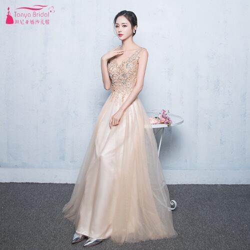 Gold Lace Applique Champagne Bridesmaid Dresses Long Formal Dress Women vestido de festa longo dress for wedding Party JQ322