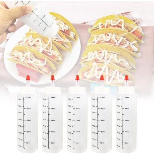 5PCS 250ML Condiment Squeeze Bottles Sauces Olive Oil Bottles Kitchen Gadget Needle-nosed Scale Pressure Resistance Transparent